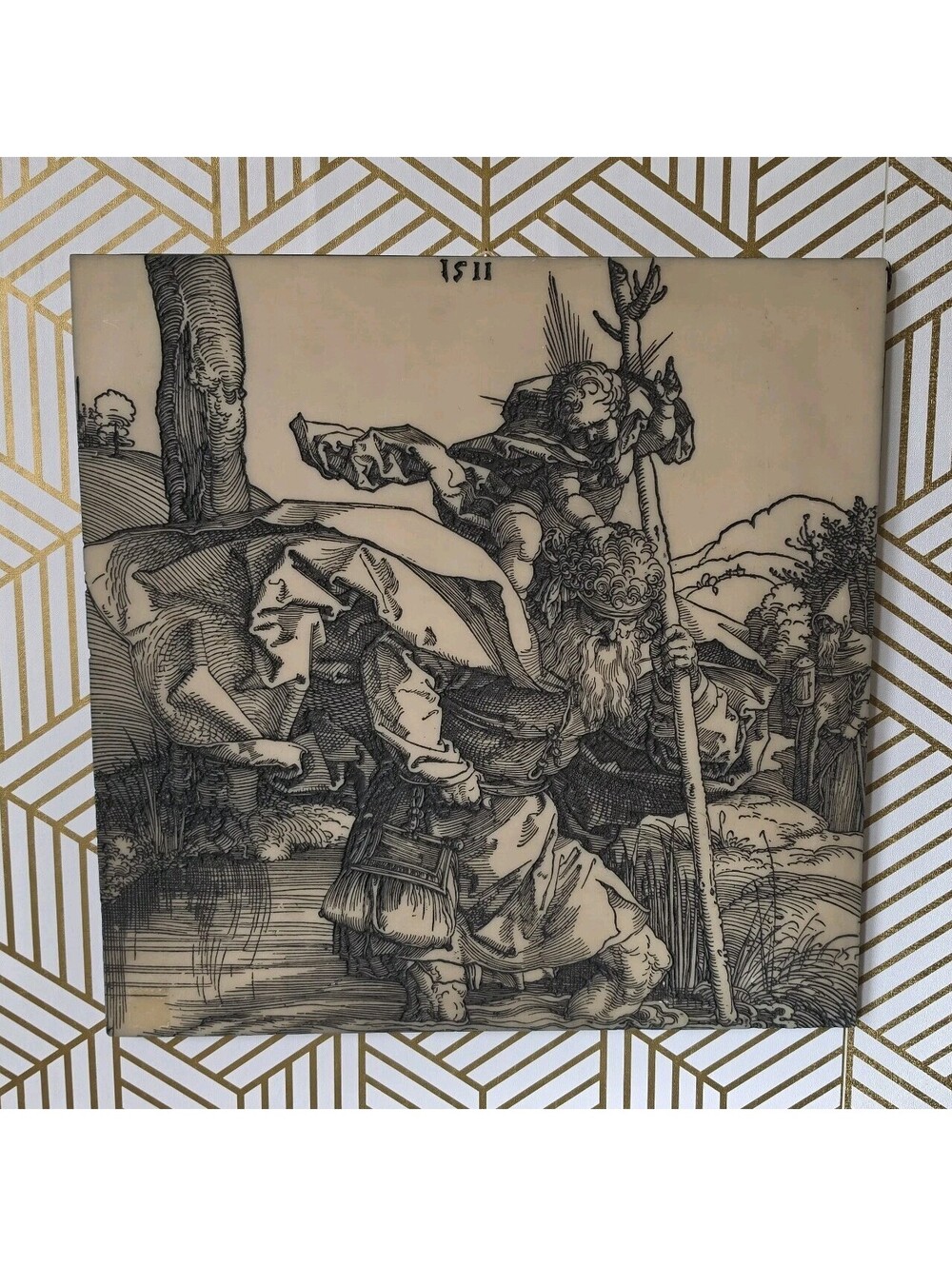 Vintage Artini Masterpiece Plaque St Christopher Albrecht Durer Engraving Relief